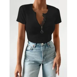 Kadın Beyaz Yaka Dantel Ve Fermuarlı Kaşkorse Bluz