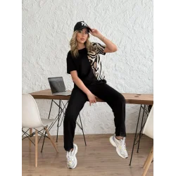 Kadın Bisiklet Yaka Kısa Kol Leopar Desen Bluz Ve Pantolon Ikili Takım