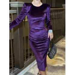 Kadın Bisiklet Yaka Vatkalı Manşet Detay Kadife Kumaş Midi Boy Elbise