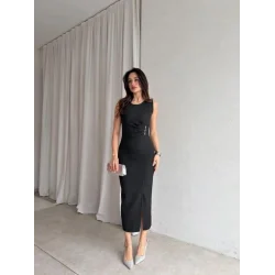 Kadin Bisiklet Yaka Yandanda Kulplu Yirtmac Detay Maxi Boy Elbise