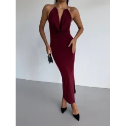 Kadın Boyun Aksesuarlı Halter Yaka Maxi Boy Sandy Kumaş Elbise