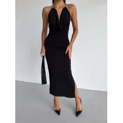 Kadın Boyun Aksesuarlı Halter Yaka Maxi Boy Sandy Kumaş Elbise