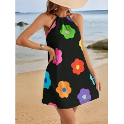 Kadın Boyundan Askılı Kolsuz çiçek Desenli Süprem Elbise