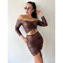 Kadın Büzgülü Deri Etek Takım Fırsat Ürün