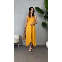 Kadın çan Dokuma Kumaş V Yaka Asimetrik Kesim Elbise