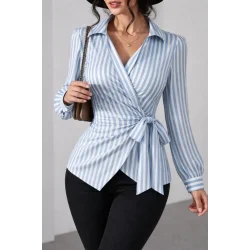 Kadın çizgili Kruvaze Bağlamalı Gömlek
