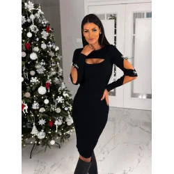 Kadın Dekolte Detaylı Scuba Dalgıç Kumaş Taş Aksesuarli Elbise