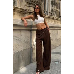 Kadın Droplu Fermuarlı Aerobin Kumaş Maxi Boy Oversize Pantolon