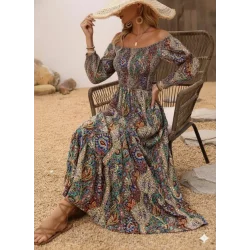 Kadın Düşük Omuzlu Beli Büzgülü Dijital Desenli Kesik Elyaf Süprem Uzun Elbise