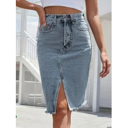 Kadın Elastik Bel Yırtık Kenar Detaylı Kot Etek