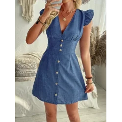 Kadın Fırfır Kollu V Yakalı Düğmeli Keten Elbise