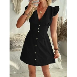 Kadın Fırfır Kollu V Yakalı Düğmeli Keten Elbise