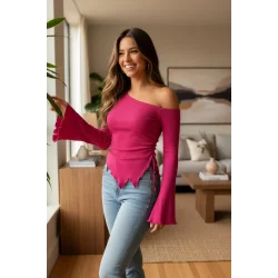 Kadın Fuşya Uzun İspanyol Kollu Asimetirik Yaka Yandan Bağlamalı Drapeli Bluz