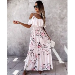 Kadın Gül Desenli Maxi Boy Mikro Kumaş Elbise