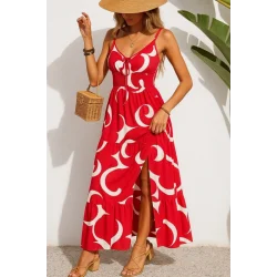 Kadın Ip Askılı Dekolteli Bağcıklı Yırtmaçlı Desenli Süprem Elbise