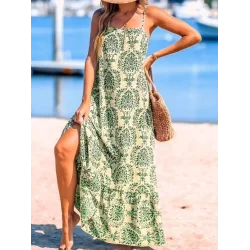 Kadın Ip Askılı Desenli Fırfırlı Süprem Elbise