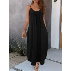 Kadın Ip Askılı Geniş V Yakalı Viskon Elbise