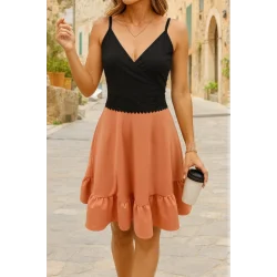 Kadın Ip Askılı Kruvaze Yaka Bel Dantel Ithal Krep Elbise