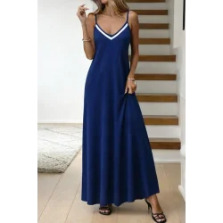 Kadın Ip Askılı V şerit Yakalı Uzun Viskon Elbise