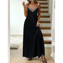 Kadın Ip Askılı V şerit Yakalı Uzun Viskon Elbise