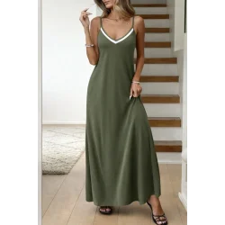 Kadın Ip Askılı V şerit Yakalı Uzun Viskon Elbise