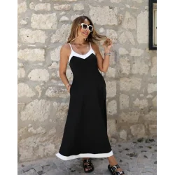 Kadın Ip Askılı V Yakalı çift Renkli Janjan Krep Elbise