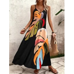 Kadın Ip Askılı V Yakalı Desenli Süprem Maxi Elbise