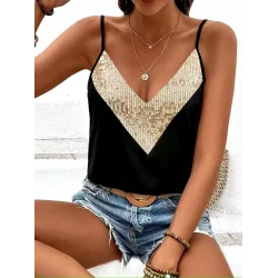 Kadın Ip Askılı V Yakalı Pulpayet Detaylı Sandy Bluz