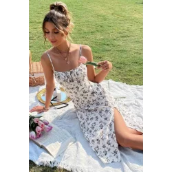 Kadın Ip Askılı Yakadan Bağcıklı Desenli Süprem Elbise