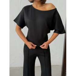 Kadın İsa Kollu Kayık Yaka Bluz Ve Pantolon Misal Kumaş Ikili Takım