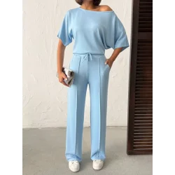 Kadın İsa Kollu Kayık Yaka Bluz Ve Pantolon Misal Kumaş Ikili Takım