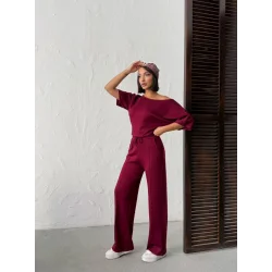 Kadın İsa Kollu Kayık Yaka Bluz Ve Pantolon Misal Kumaş Ikili Takım