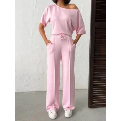 Kadın İsa Kollu Kayık Yaka Bluz Ve Pantolon Misal Kumaş Ikili Takım