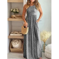 Kadın Kalın Askılı Yuvarlak Yaka Cepli Süprem Maksi Elbise