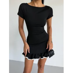 Kadın Kayık Yaka Kısa Kollu Eteği Olan Detay Dalgıç Kumaş Mini Elbise