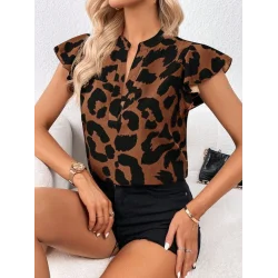 Kadın Kısa Fırfır Kollu V Yakalı Leopar Desenli Süprem Bluz