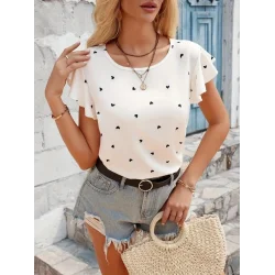 Kadın Kısa Kelebek Kollu Bisiklet Yaka Kalp Desenli Süprem Bluz