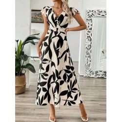 Kadın Kısa Kelebek Kollu Kruvaze Yaka Desenli Süprem Elbise