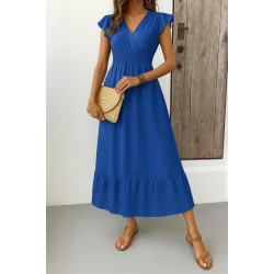 Kadın Kısa Kelebek Kollu Kruvaze Yakalı Beli Lastikli Aerobin Elbise