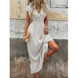 Kadın Kısa Kelebek Kollu Kruvaze Yakalı Desenli Süprem Elbise