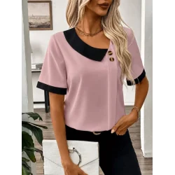 Kadın Kısa Kollu Asımetrik Yaka Detaylı Düğmeli Dubai Bluz
