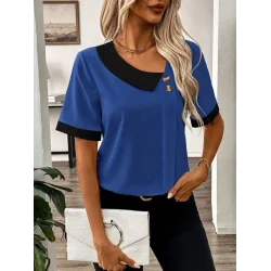 Kadın Kısa Kollu Asımetrik Yaka Detaylı Düğmeli Dubai Bluz