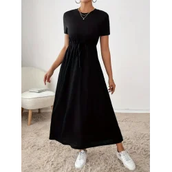 Kadın Kısa Kollu Bisiklet Yaka Belden Bağcıklı Cepli Viskon Elbise