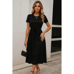 Kadın Kısa Kollu Bisiklet Yaka Belden Bağlamalı önü Bağcık Detaylı Maksi Boy Viskon Elbise