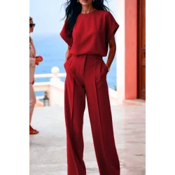 Kadın Kısa Kollu Bisiklet Yaka Bluz Yüksek Bel Cep Detaylı Pantolon Atlas Ikili Takım