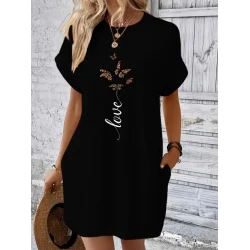 Kadın Kısa Kollu Bisiklet Yaka Cepli Kelebek Baskılı Viskon Elbise
