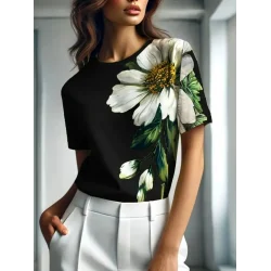 Kadın Kısa Kollu Bisiklet Yaka çiçek Baskılı Süprem Bluz