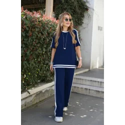 Kadın Kısa Kollu Bisiklet Yaka çift Renk şerit Detaylı Viskon Iki Iplik Bluz Ve Pantolon Ikili Takım