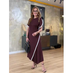 Kadın Kısa Kollu Bisiklet Yaka çift şerit Renk Detaylı Asimetrik Kesim Viskon Iki Iplik Elbise