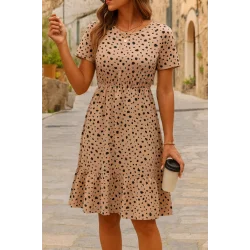 Kadın Kısa Kollu Bisiklet Yaka Desenli Süprem Elbise